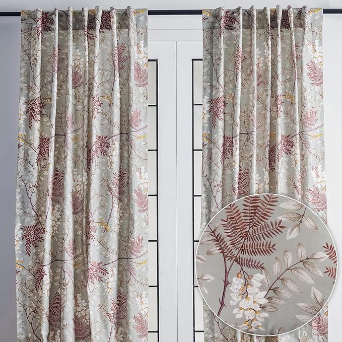 Maison d' Hermine Curtains for Living Room 100% Cotton 108 inch Length Two Panels Light Filtering Curtains for Bedroom Windows with Rod and Loop Pockets Drapes (Feuillage Light Taupe, 50" W x 108" L)