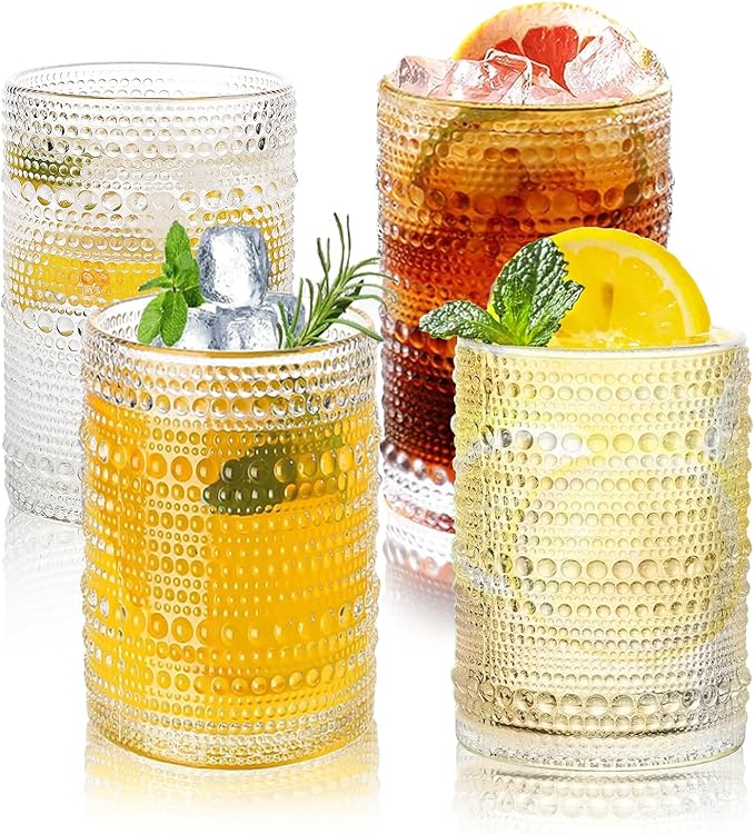 Hobnail Drinking Glasses Set of 4, 16 Oz Vintage Embossed Glass Cup Water Glasses Kitchen Glassware for Cocktails, Beer, Juice, Whiskey