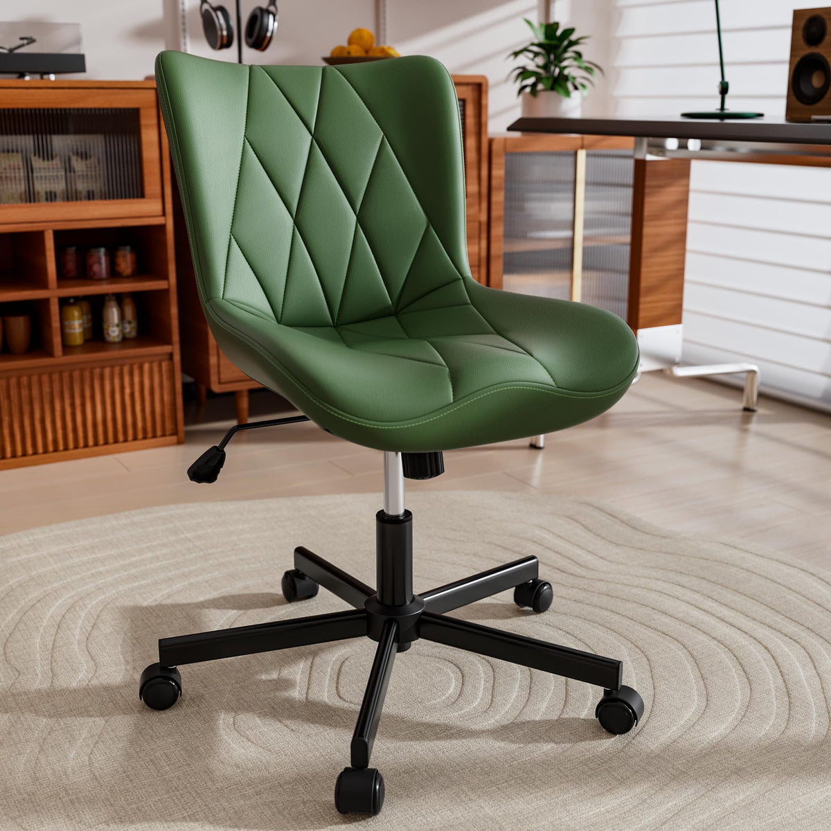 JULYMON Armless Desk Chair, Morden Home Office Chair no Arms, Adjustable Height & Rocking Computer Chair, PU Leather Vanity Chair, Ergonomic Seat Soft Padded Desk Chairs for Home Small Space, Green