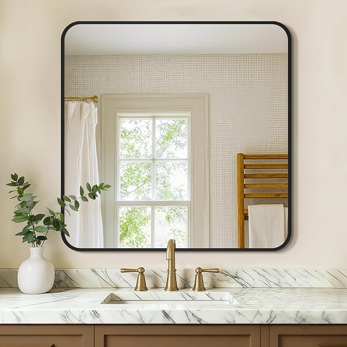 Bathroom Vanity Mirror for Wall, 30"x30" Wall Mounted Bathroom Mirror for Over Sink with Sturdy Metal Frame, Vertical or Horizontal, Living Room, Bedroom, Entryway(Black)