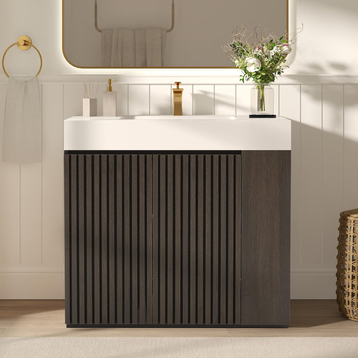 CITTANEO 36" Bathroom Vanity with Sink, Freestanding Single Sink Bathroom Vanity with White Engineered Stone Top & Open Side Storage, Soft-Closing Doors with Adjustable Shelf, Smoked Oak Brown