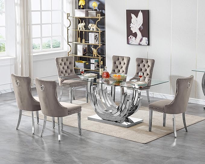 7 Piece Dining Table Set with 6 Grey Dining Chairs, Modern Glass Kitchen Table and Chairs Set for 6, 70" Rectangle Silver Glass Pedestal Dining Room Tables with Ring-Shape Stainless Steel Base