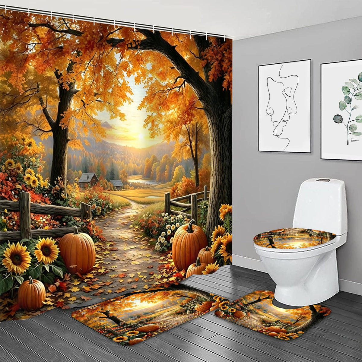 NBVKO Fall Thanksgiving Day Shower Curtain Sets，Autumn Pumpkin Sunflower Bathroom Shower Curtain with Non-Slip Rug Toilet Lid Cover Bath Mat 12 Hooks，Maple Forest Bathroom Decor Set