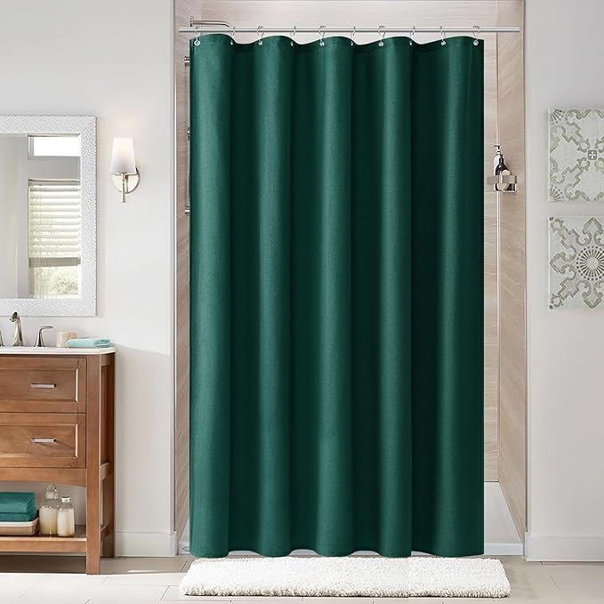 Naturoom Dark Green Linen Shower Curtain, Country Boho Farmhouse Bath Decor Shower Curtains Neutral Cloth Weighted Textured Fabric Bath Curtain Liner with Hooks, 72x80