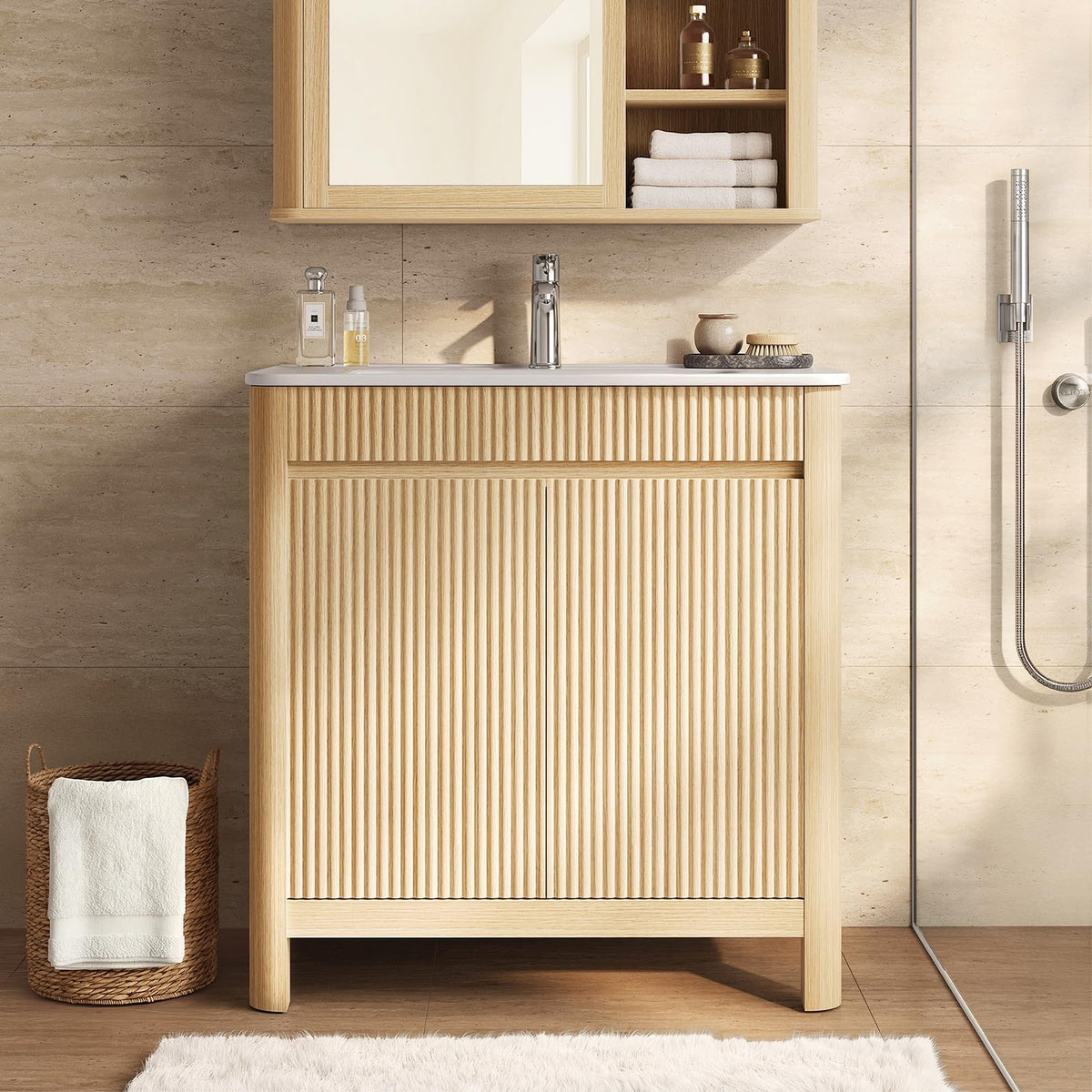 ModernMate 30" Freestanding Bathroom Vanity with Sink, Solid Wood Legs & Fluted Panel, Arc Integrated Ceramic Sink, Adjustable Shelves, Soft-Close Hinges, Easy Assembly, Natural Oak