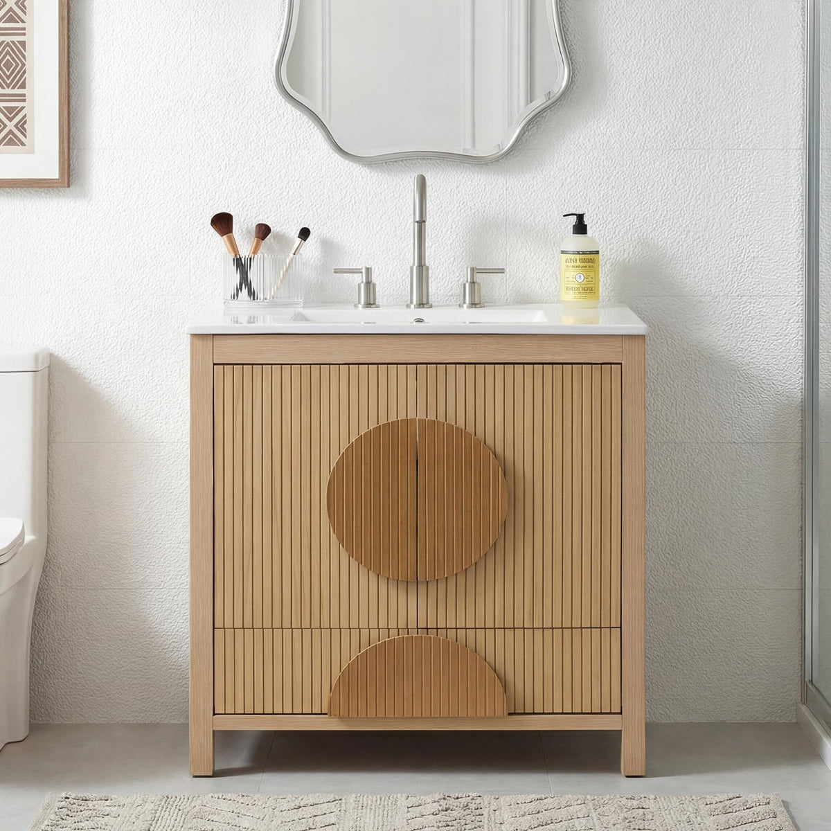 30" Fluted Bathroom Vanity with Sink, Freestanding Modern Wood Cabinet with Soft-Close Doors, 1 Flip-Out Drawer & Open Storage, Decorative Circular Accent, Solid Wood & MDF Construction, Ceramic Basin