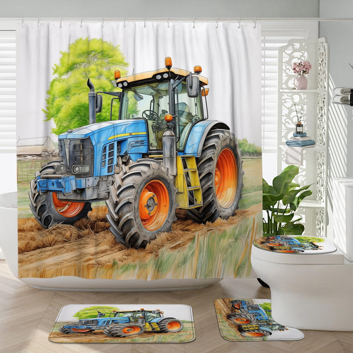 Witzest 4Pcs Rustic Farm Tractor Shower Curtain Sets with Non-Slip Rug, U Shape and Toilet Lid Cover Mat, Farmhouse Home Bathroom Decor Set Accessories with 12 Hooks, 72 x 72 Inch