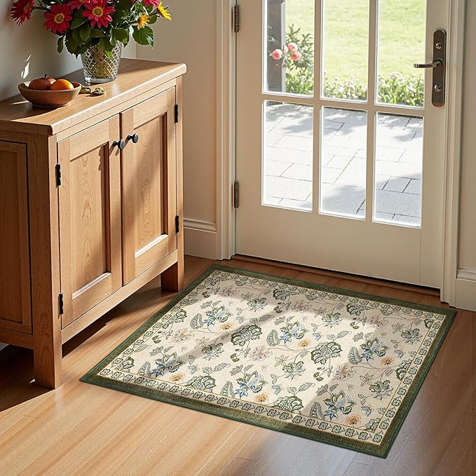 jinchan Elora 2x3 Floral Rug for Entryway Washable Rug Vintage Romance Design Christmas Small Mat Non Slip Indoor Doormat Lightweight Low-Profile Throw Carpet for Bathroom Laundry Room, Green/Beige