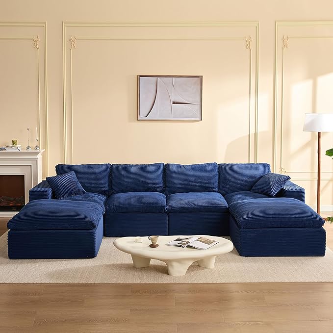 137.8” Sectional Couches for Living Room, Cloud Couch, Modular Sectional Sofa, Convertible Sofas Bed, Deep Seat Sofa, U Shaped Cozy Sofa Furniture Set, Corduroy,Blue