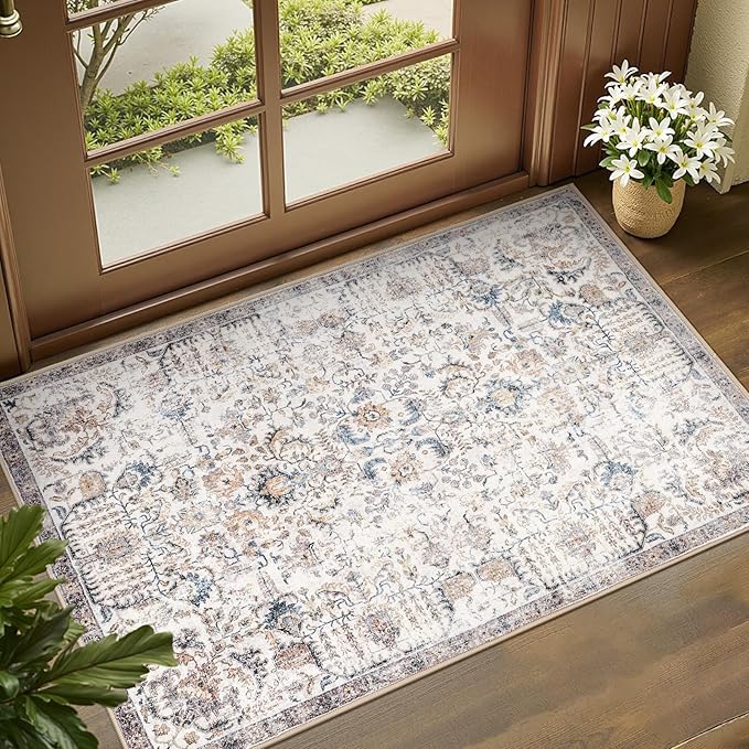 jinchan Kalen Area Rug 2x3 Washable Entryway Rug Door Mat Vintage Indoor Entrance Thin Retro Distressed Floral Print Country Boho Carpet Non Slip Doormat for Bathroom Kitchen Bedroom Blue Multi