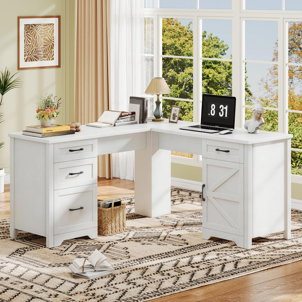 Vabches 59” Farmhouse L Shaped Executive Desk with File Drawer, Cream White