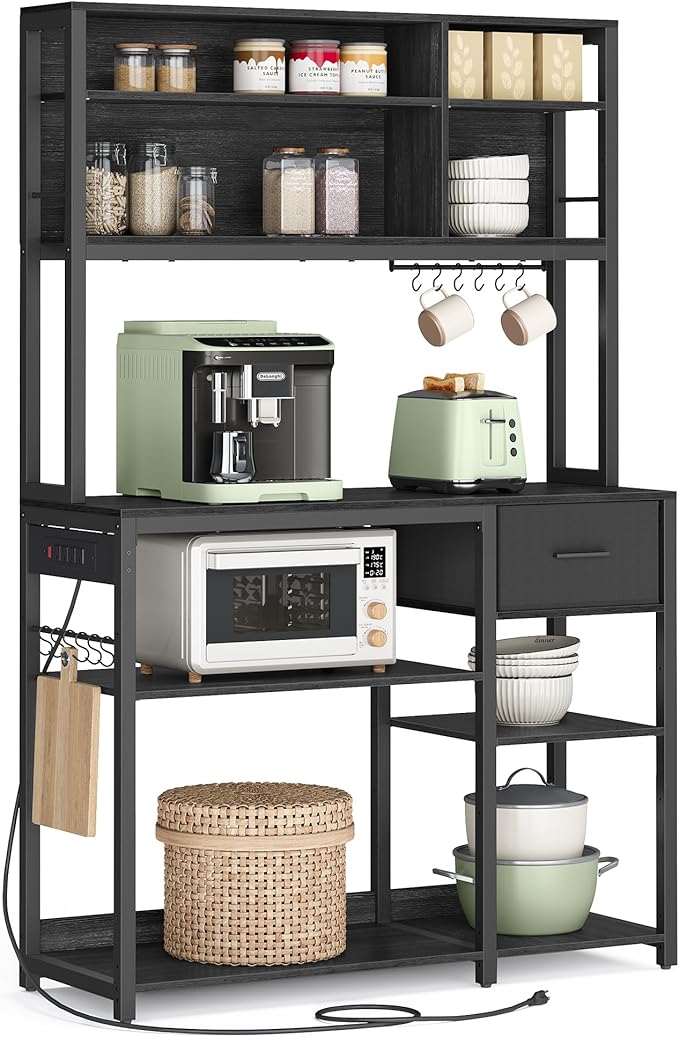 VASAGLE Bakers Rack with Charging Station, Coffee Bar, 15.7 x 39.4 x 71 Inches, Kitchen Microwave Stand, Adjustable Storage Shelves, Fabric Drawer, 12 Hooks, Charcoal Gray and Ink Black UKKS027B01