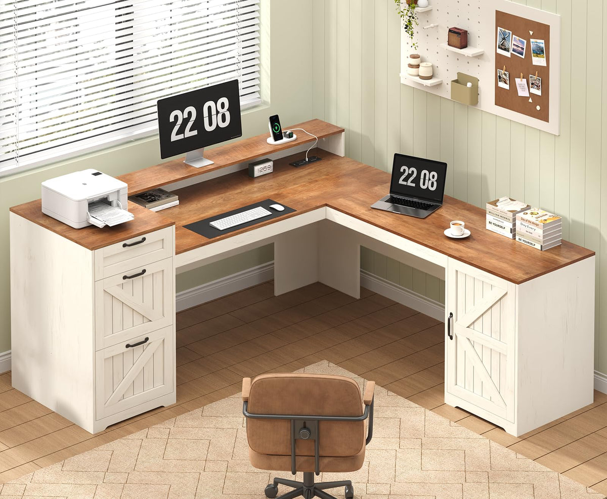 Farmhouse L Shaped Desk with Drawers and Storage Shelves, 59" L Shape Executive Desk with File Drawers and Power Outlet, Wood Computer Corner Desk with Storage Cabinet for Home Office, Antique White