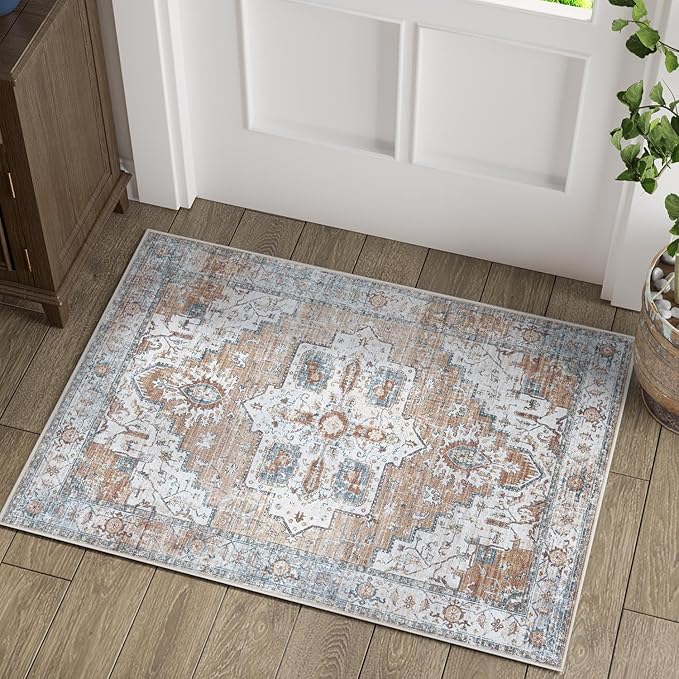 jinchan Oriental 2x3 Rug for Entryway - Machine Washable Non-Slip Doormat Ultra-Thin Low-Pile Small Vintage Floral Distressed Accent Rug for Entrance Bedroom Kitchen Bathroom(2x3ft, Orange)