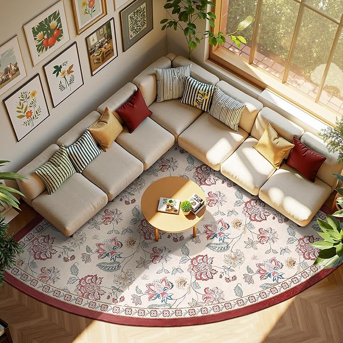 jinchan Elora Floral Corner Rug for Living Room Washable Rug Vintage Romance Christmas Design Non Slip Quarter Circle Lightweight Low-Pile Throw Carpet for Reading Playroom, 7ft Radius, Red/Beige