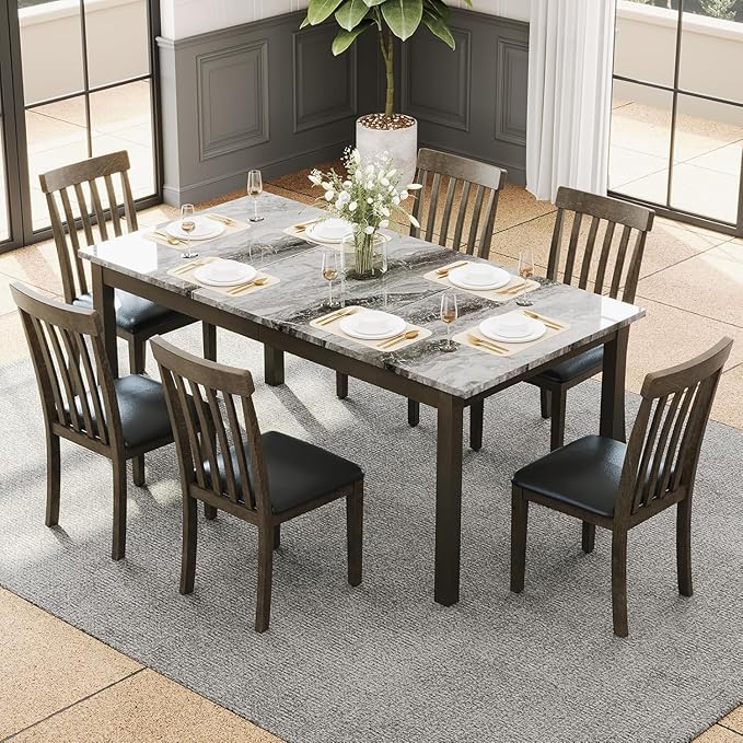 AMERLIFE 7-Piece Dining Table Set with 6 PU Leather Upholstered Chairs, Heavy-Duty Solid Wood Set with 71" Faux Marble Modern Table for Kitchen & Dining Room, Dark Brown