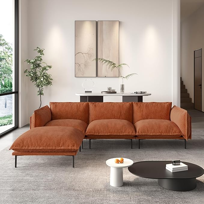 WJShome Velvet Modular Sectional Sofa with Ottomans,111" Modern L-Shaped Couch for Living Room, 3-Seater Sofa with Chaise with Removable Cushions and 8" High Metal Legs, Easy to Clean, Terracotta