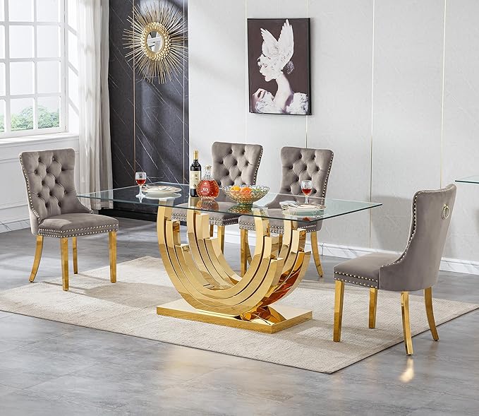 Henf 5-Piece Glass Dining Table Set with 4 Upholstered Dining Chairs,Large Glass Dining Room Table Set for 4, Modern Kitchen Table Furniture for Dining Room, Gold Dining Table and Chair Set for 4