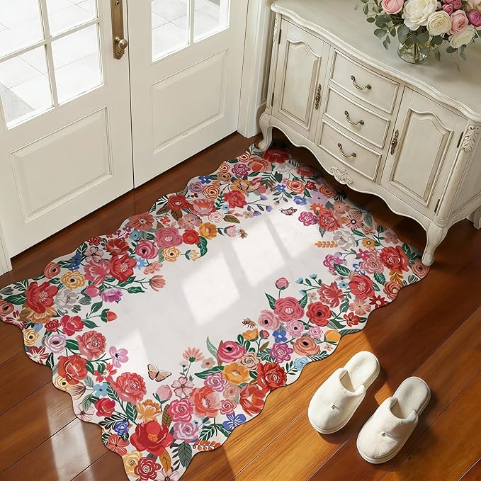 Wonnitar Washable Area Rug 3x5, Soft Red Camellia Floral Rugs for Living Room Bedroom, Non Slip Cute Flower Nursery Rug Scalloped Rug Carpet for Kids Room Bedside Entryway Laundry Room (Red,3'x5')