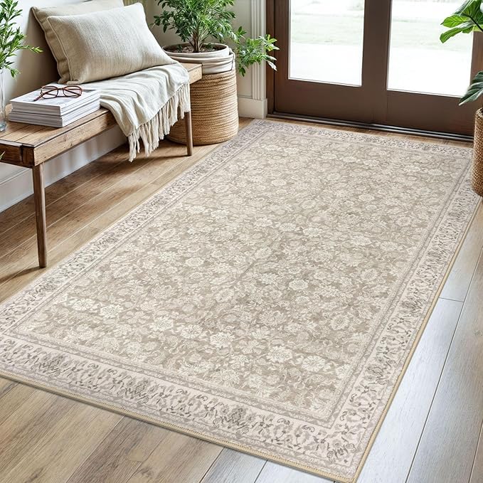 3x5 Washable Area Rug for Entryway, Cream Beige White Grey Soft Distressed Floral Rug with Non-Slip, Low-Pile Vintage Neutral Area Rugs for Entryway Bedroom, Dorm Carpet with Non-Shedding