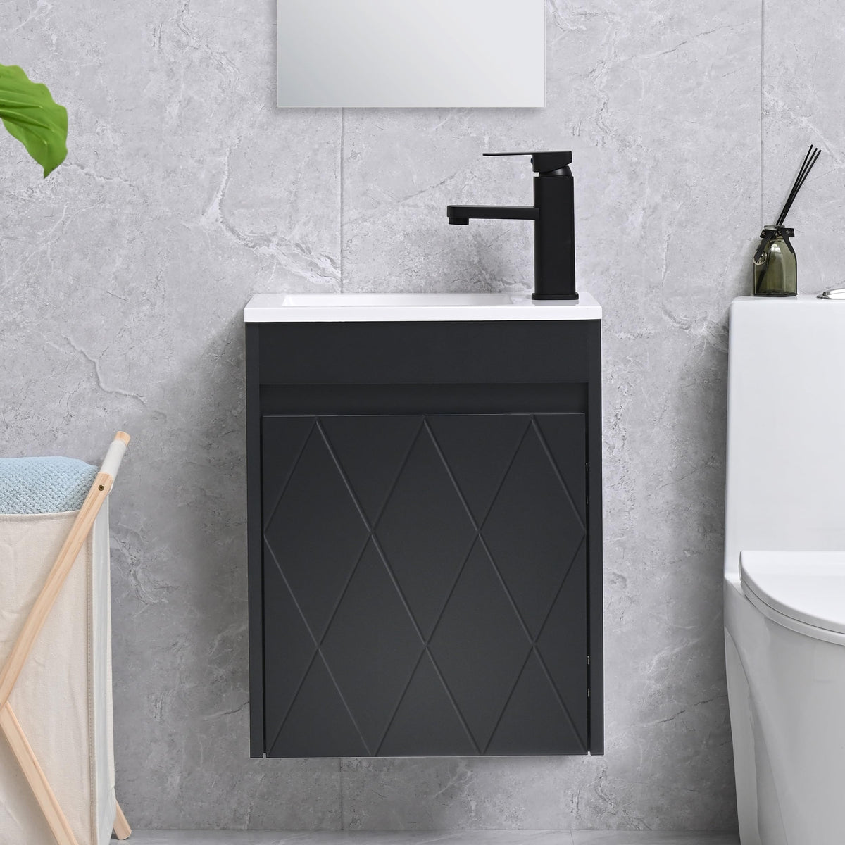 USBATHJOY 16" Bathroom Vanity Sink Combo for Small Space, Wall Mounted Bathroom Cabinet Set with White Resin Basin Sink Top Black Faucet Pop Up Drain Black