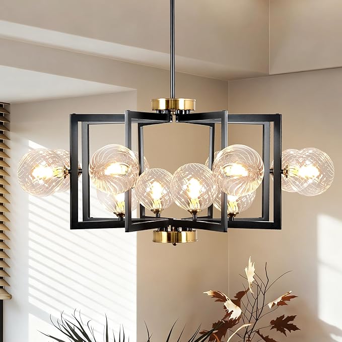 12 Light Black Dining Room Light Fixture Geometric Metal Hanging Pendant Light Fixtures Black Farmhouse Chandelier with Clear Swirled Globe Farmhouse Dining Room Chandelier for Entryway Foyer Kitchen