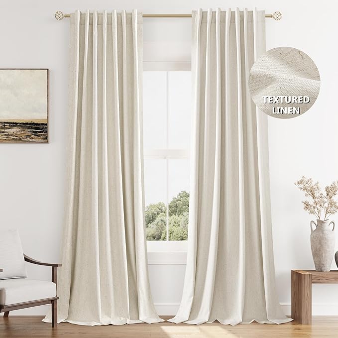 Guken Beige Cream Linen Blackout Curtains 144 Inch Length 2 Panels Set for Living Room Bedroom Back Tab Thermal Insulated 100% Black Out Linen Drapes Room Darkening Window Curtains 144 Inches Long
