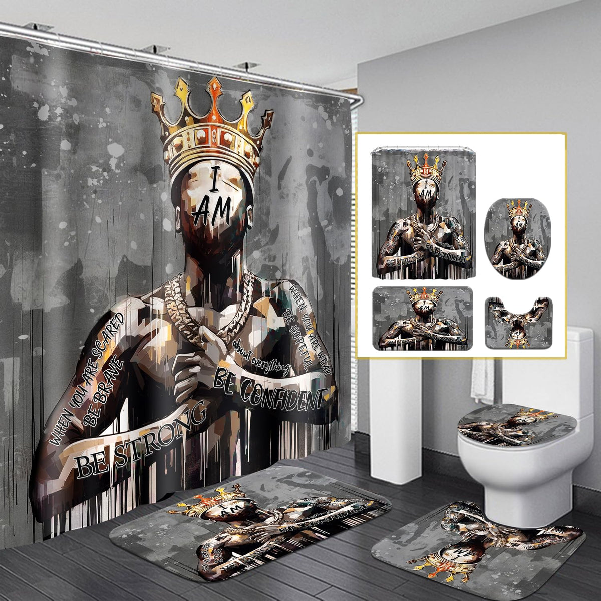 Black King Shower Curtain Set with Hooks, Powerful African American Praying Man Shower Curtains with Rugs Toilet Lid Cover Bath Mat, Cool Black Man Waterproof Bathroom Decor Shower Curtain Sets