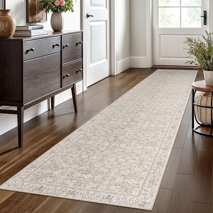 2x10 Washable Runner Rug for Kitchen, Cream Beige White Grey Soft Classic Runner with Non-Slip, Non-Shedding Distressed Floral Rug for Hallways Entryway Bedroom Laundry Indoor