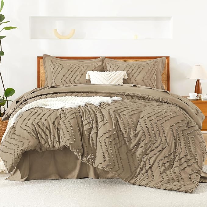 Litanika Oversized Queen Size Comforter Set with Sheets Taupe - 7 Pieces Bed in a Bag Oversized Queen Boho Tufted Complete Bedding Sets with Comforter, Sheets, Pillowcases & Shams