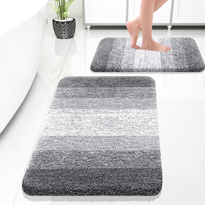 OLANLY Bathroom Rug Set 2 Piece, Soft Absorbent Microfiber Bath Rug Set, Non-Slip, Machine Wash Dry, Plush Shaggy Bath Mats for Bathroom (30"x20"+24"x16", Grey)