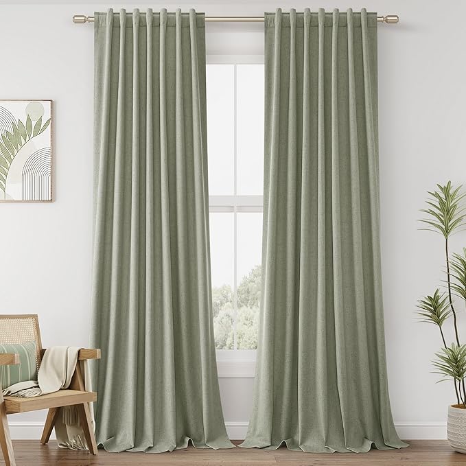 Sage Green Linen Blackout Curtains 86 Inch Length 2 Panels Set for Living Room Bedroom Back Tab Thermal Insulated 100% Black Out Linen Drapes Room Darkening Window Curtains 86 Inches Long