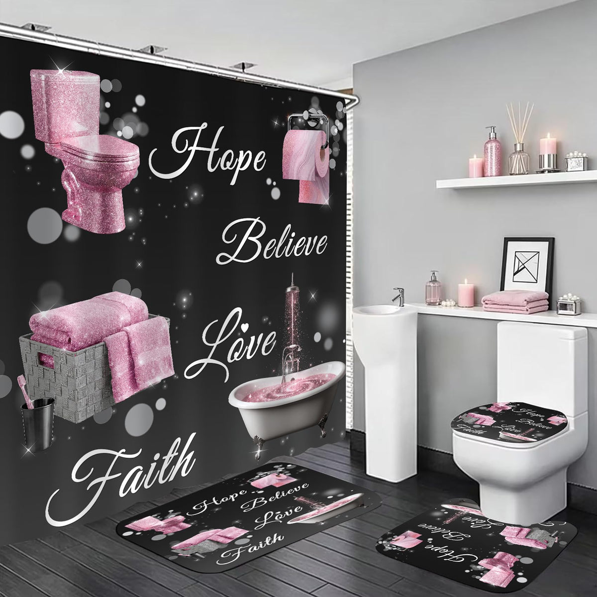 4 Piece Shower Curtain Set with Rugs, Inspirational Quotes Hope Believe Love Faith Bathroom Decor, Pink and Black Chic Aesthetic Bath Curtain with 12 Hooks, Non-Slip Mat