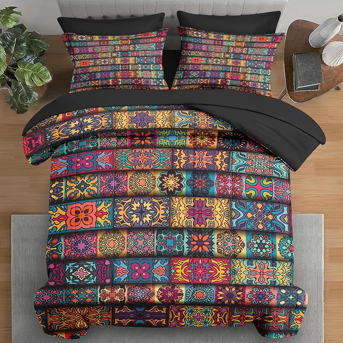 5 Pcs Comforter Set Twin Size, Colorful Mandala Floral Vintage Bedding for Kids and Adults, Bohemian Flower Bed Sheet Sets with Fitted Sheet Pillowcase & Sham for Bedroom Bed Decor