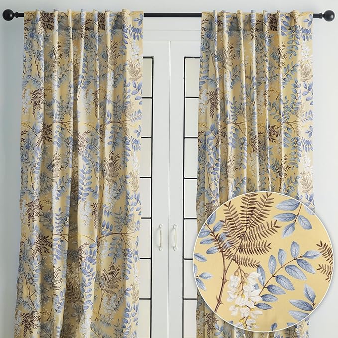 Maison d' Hermine Curtains for Living Room 100% Cotton 124 inch Length Two Panels Light Filtering Curtains for Bedroom Windows with Rod and Loop Pockets Drapes (Feuillage Light Ecru, 50" W x 124" L)