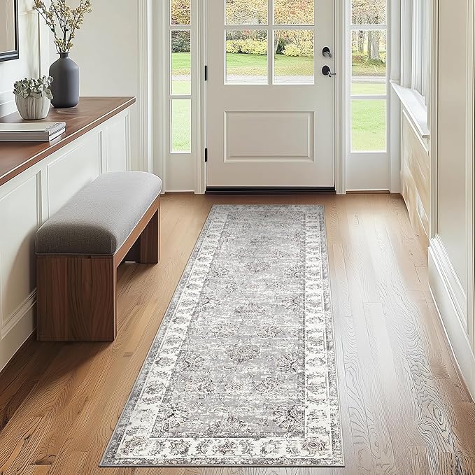 jinchan Fiora Runner Rug 2x6 Machine Washable Hallway Rug Grey Vintage Floral Print Non-Slip Low Pile Ultra-Thin for Kitchen, Entryway, Laundry Room, Bedroom, Farmhouse (2‘x6’, Grey)
