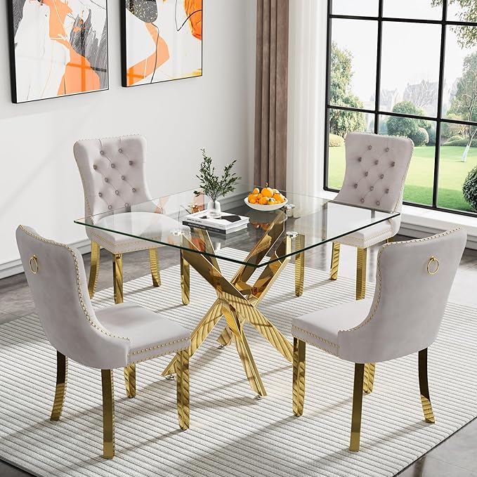 Glass Dining Table Set for 4, Square 36" Dining Table with Gold Cross Metal Leg, 4 Beige Velvet Dining Chairs with Stainless Steel Legs, Modern Glass Kitchen Table and Chairs Set for Small Space