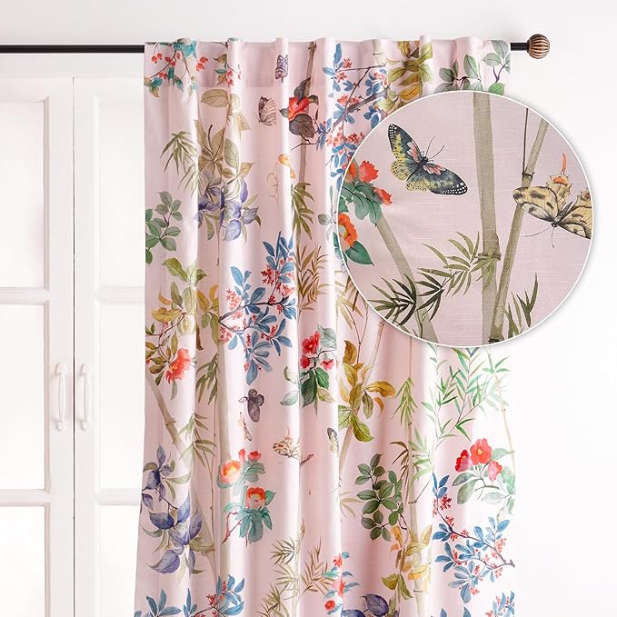 Maison d' Hermine Curtains for Living Room 100% Cotton 124 inch Length One Panel Light Filtering Curtains for Bedroom Windows with Rod and Loop Pockets Drapes (Canne Pale Pink, 50" W x 124" L)