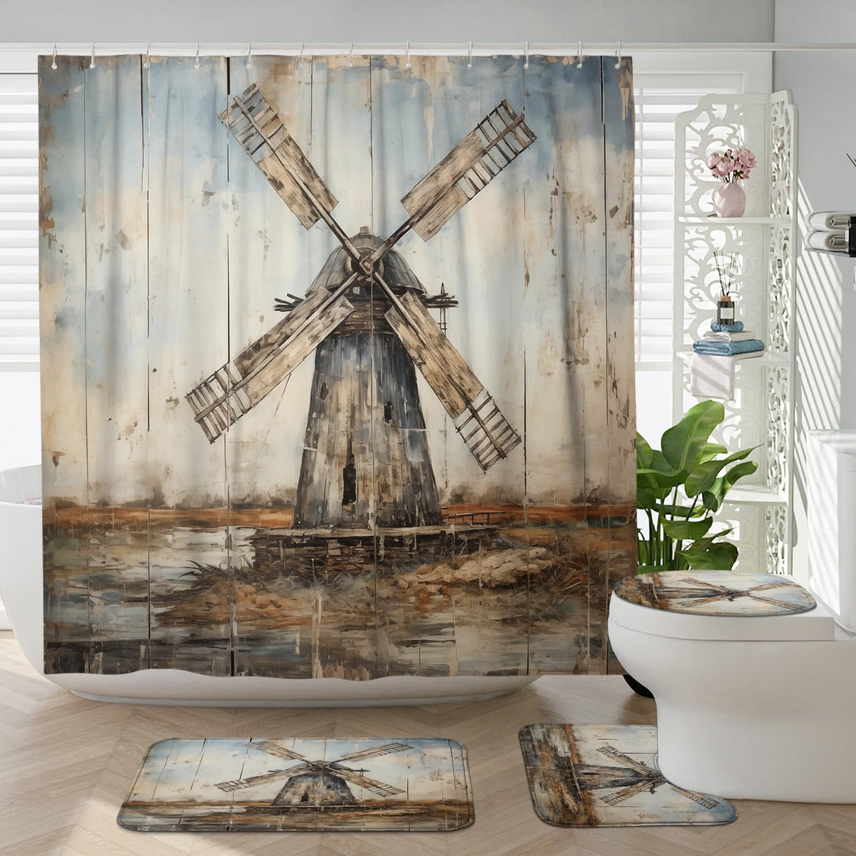 Witzest 4Pcs Rustic Country Windmill Shower Curtain Sets with Non-Slip Rug, U Shape and Toilet Lid Cover Mat, Farmhouse Home Bathroom Decor Set Accessories with 12 Hooks, 72 x 72 Inch