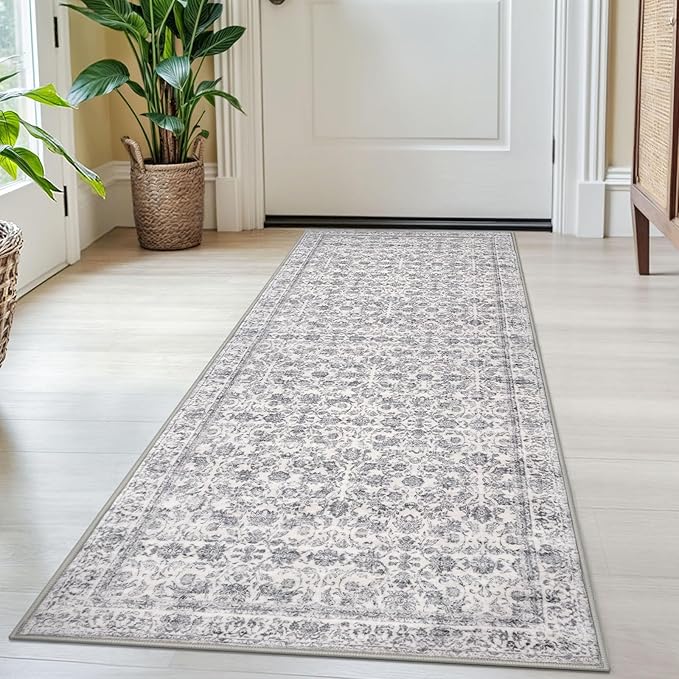 2x5 Washable Rug Grey Small Area Rug for Entryway, Soft Non-Slip Indoor Door Mat Distressed Floral Low-Pile Kitchen Rugs, Neutral Vintage Carpet for Entrance Bedside Farmhouse