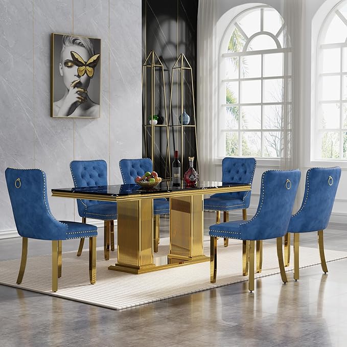HomVent 68.11'' Faux Marble Dining Table Set for 6, Modern Rectangle Kitchen Table Set with Faux Marble Table Top & Stainless Steel Base