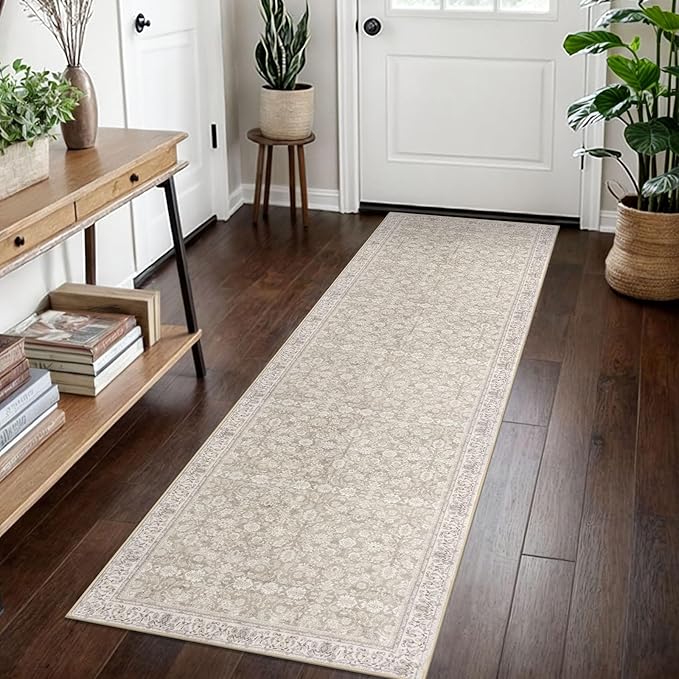 2x7 Washable Runner Rug for Hallways, Cream Beige White Grey Soft Classic Kitchen Rugs with Non-Slip, Non-Shedding Distressed Floral Rug for Hallway Entryway Bedroom Bathroom Laundry Indoor