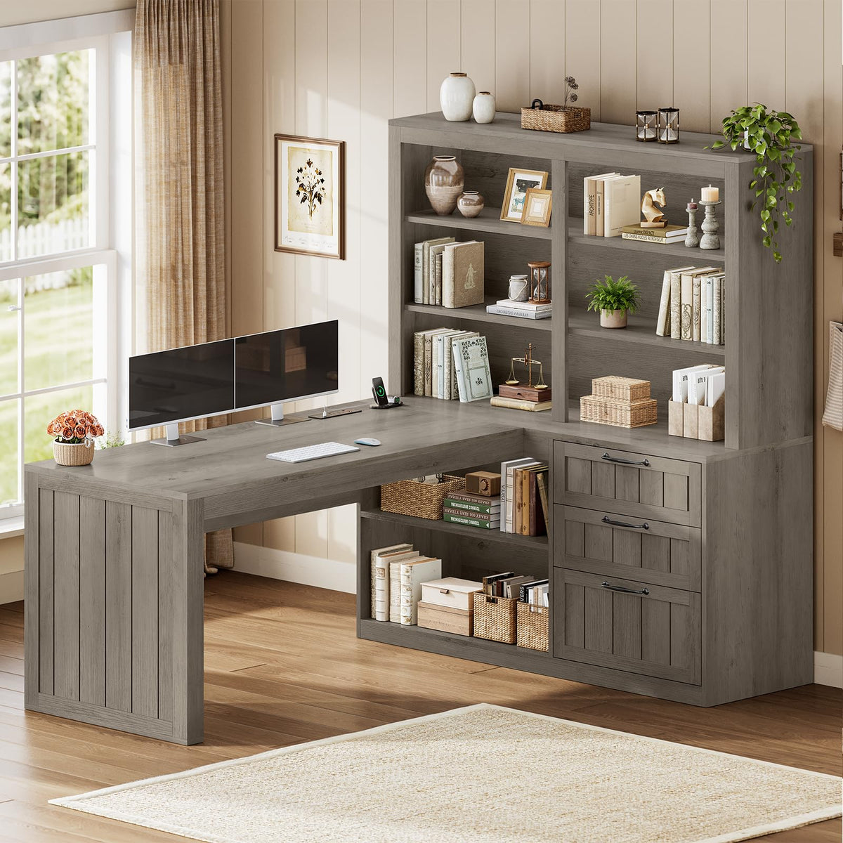 SEDETA Farmhouse L Shaped Computer Desk, 59'' Wood Office Desk with 3 Drawers and 5-Tier Bookshelf, Corner Desk with Storage Shelves and Power Outlet for Home Office Small Space, Grey