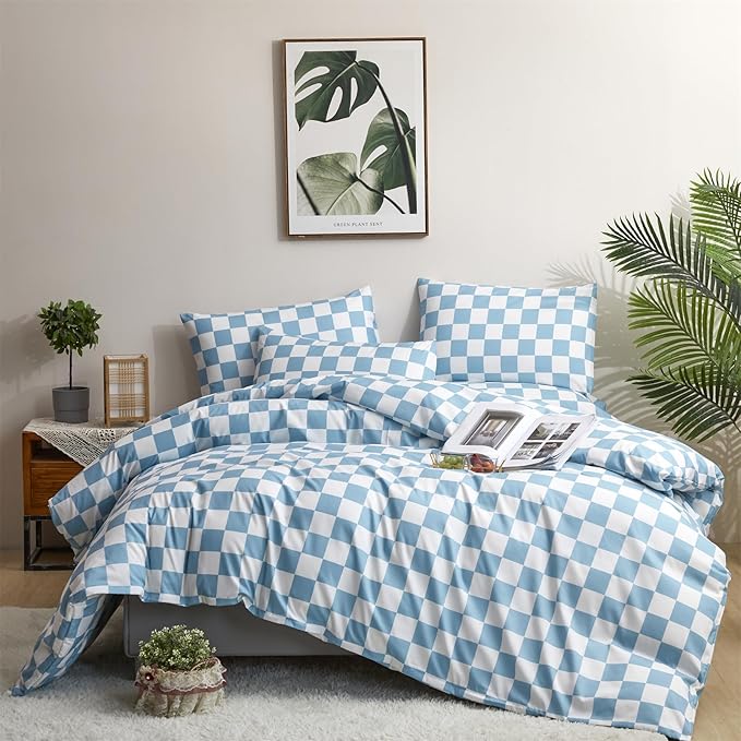 Houseri Light Blue White Plaid Twin Size Comforter Sets Boys Girls Kids Baby Blue Buffalo Checkered Bedding Set Twin Aqua Blue Grid Checkerboard Bedding Comforter Preppy Dorm Check Comforters Twin