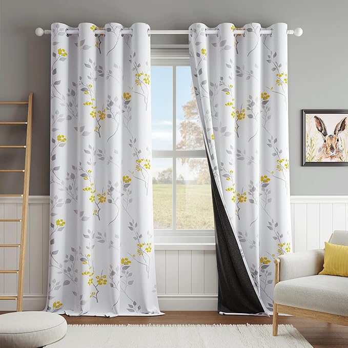 Beauoop Floral 100% Blackout Curtains 96 Inches Long 2 Panels for Bedroom Living Room Yellow Grey and White Flower Patterned Room Darkening Thermal Soundproof Grommet Window Treatments Drapes, 52X96