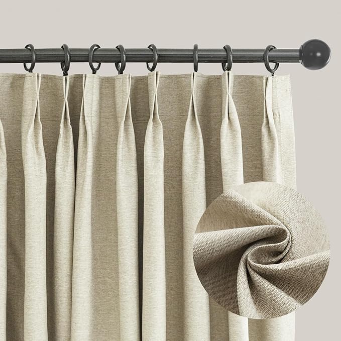 LETAU Linen Texture Beige Curtains 84 inches Long, Pinch Pleated 100% Blackout Privacy Cozy Curtains, 72" W x 84" L, 2 Panels