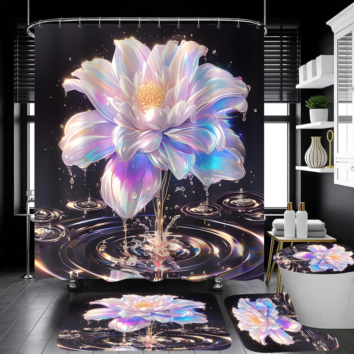 4 Piece Lotus Shower Curtain Set with Rugs, Luxury Iridescent Effect Flower & Crystal Water Ripple Bathroom Decor, Waterproof Fabric Curtain, Non-Slip Bath Mat & Toilet Lid Cover
