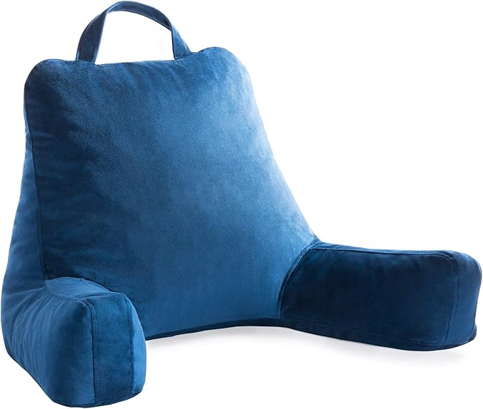 LINENSPA Reading Pillow with Shredded Memory Foam- Back Pillow for Sitting in Bed, Reading, Gaming, Watching TV – Bed Chair Pillow with Arms, Dorm Room Essentials, Navy