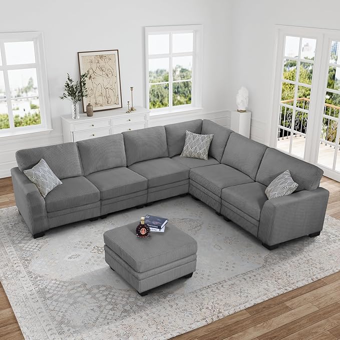 Legend Vansen Oversized Modular Sectional Sofa,7 Seat U Shaped Couch with Ottoman,Corduroy Sofa with Deep Seat,Convertible Large Sectional Couches for Living Room (Grey, L-9）