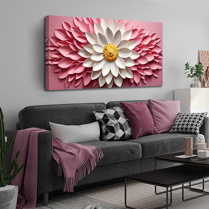 Ouzzlie Flower Canvas Wall Art for Living Room Bedroom Home Office Pink Picture Art Modern Large Floral Wall Decor Prints White Artwork 24" x 48"